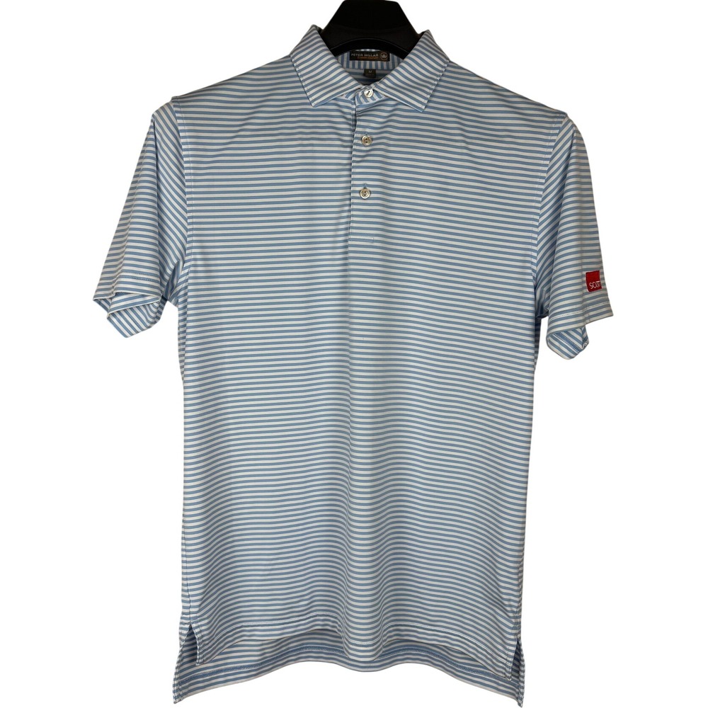 Peter Millar Summer Comfort Mens Blue White Striped Golf Polo Shirt Scott Logo M